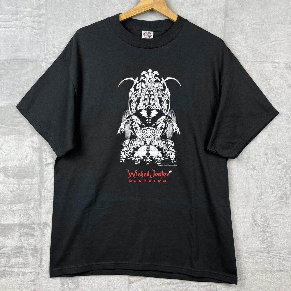 Vintage 2004 Wicked Jester Graphic T-Shirt L Black Skull Gothic Quote Tee Delta